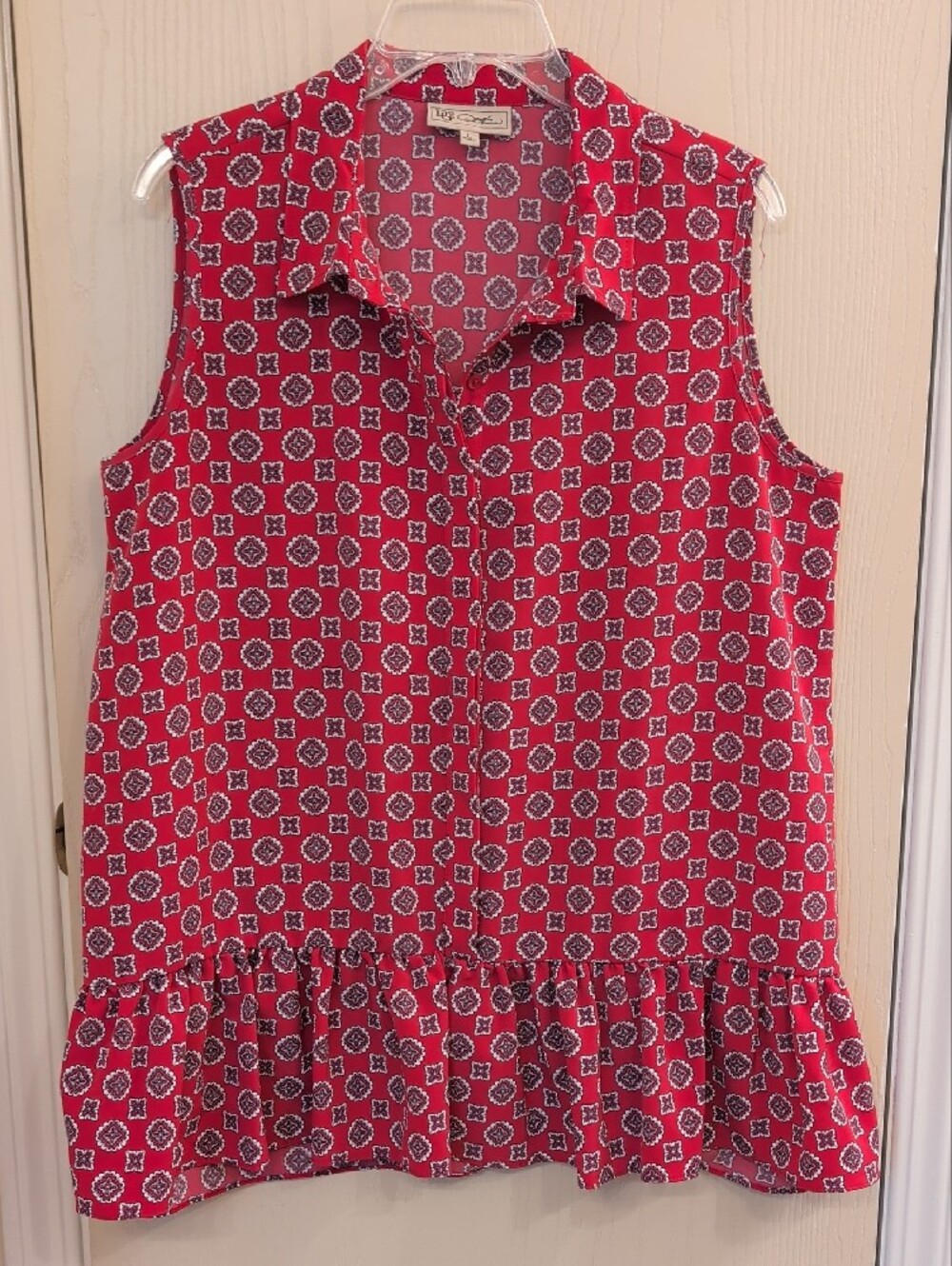 DG2 by Diane Gilman Pink Foulard Print Peplum Tunic Blouse Size L